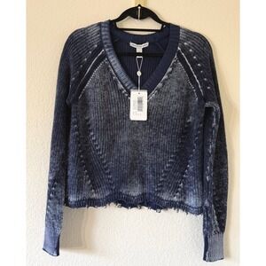 Cotton by Autumn Cashmere Distressed Inked Scallop Shaker V-Neck Sweater Navy XS